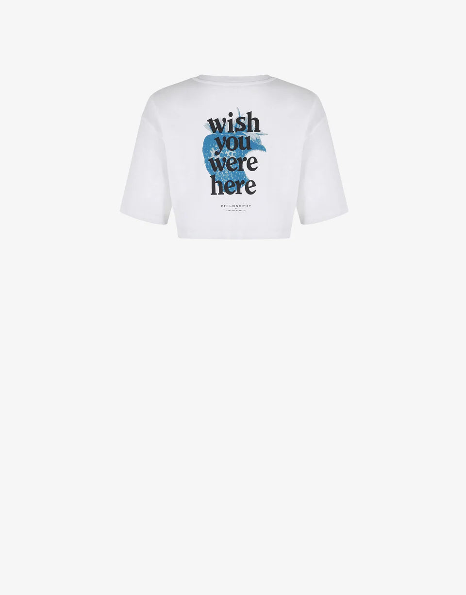 T-shirt Cropped in cotone con stampa wish you were here