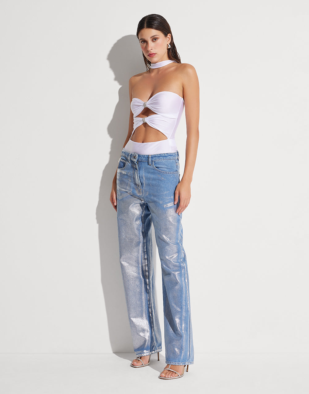 Jeans boyfriend spalmato argento