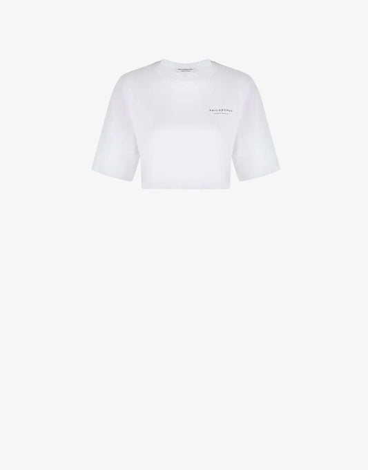 T-shirt Cropped in cotone con stampa wish you were here